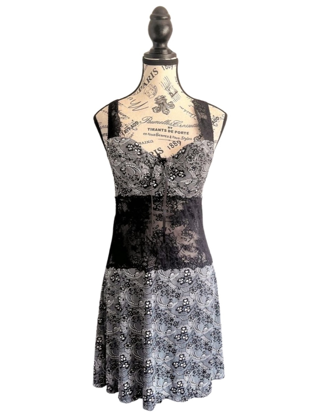 🇨🇦 Arianne Lace Paisley Slip Dress Black White Y2K Lingerie Goth Fairy Grunge